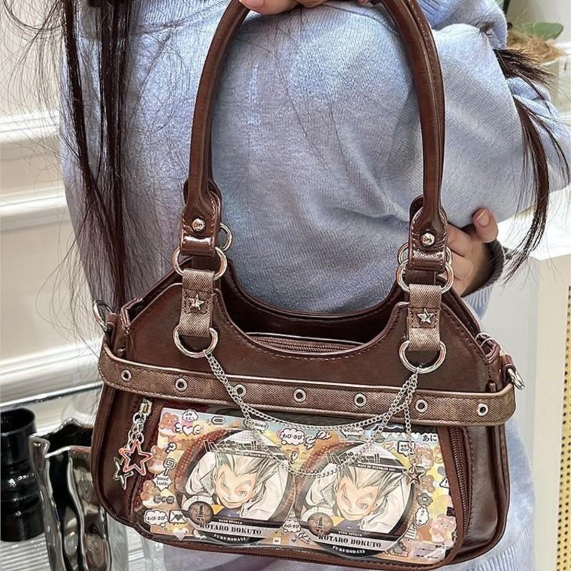 JIAERDI Harajuku Star Ita Bag Women Double Strap Adjustable Clear Leather Tote Purse Subculture Daily Versatile Shoulder Bag Y2K