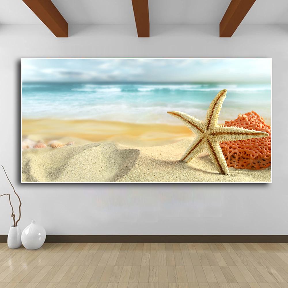 Starfish Seashells Beach Canvas Painting Shell Sea Wall Art Seascape Wall Pictures Poster for Living Room Bedroom Office Decor