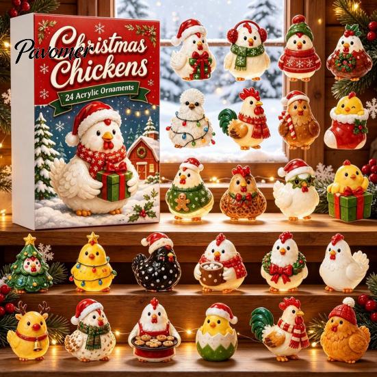 Christmas Tree Hanging Charms Chicken Advent Calendar 2026, 24 Unique 2D Acrylic Reusable Holiday Decor Ornaments, Cute Decorations for Kids,