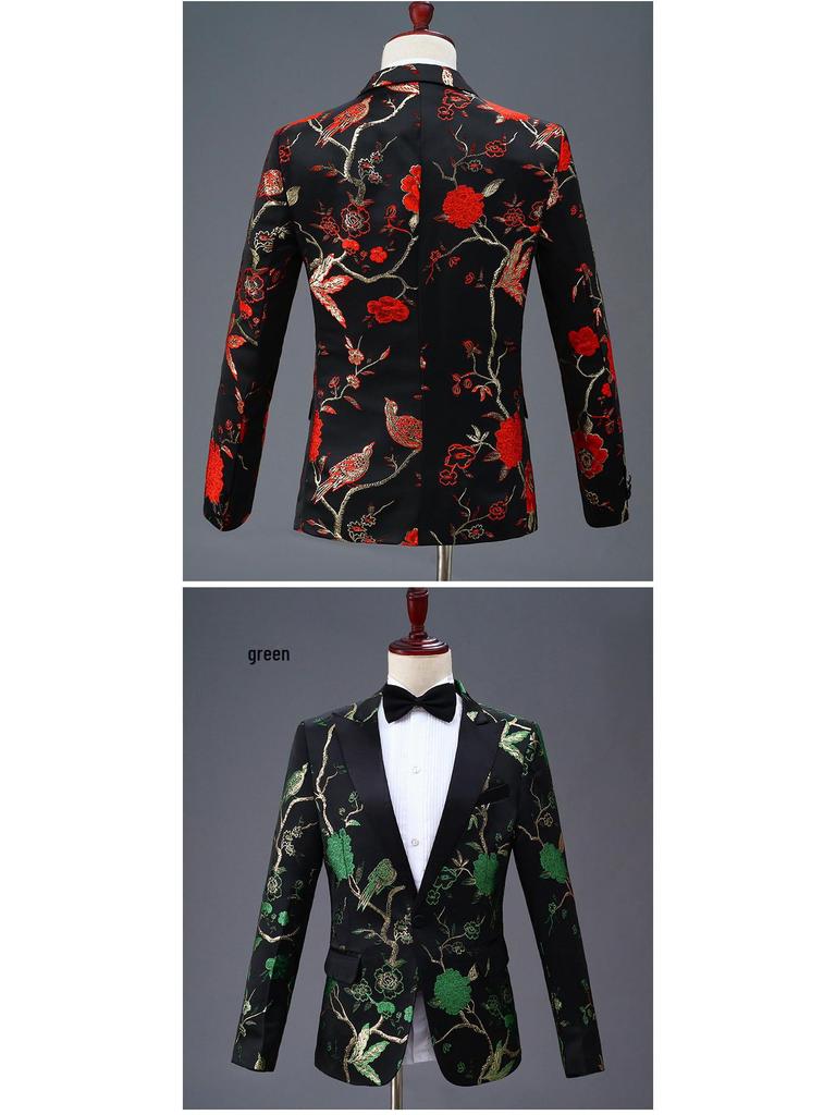 Men's Black Embroidered Single-Breasted Suit for Stage and Hosting