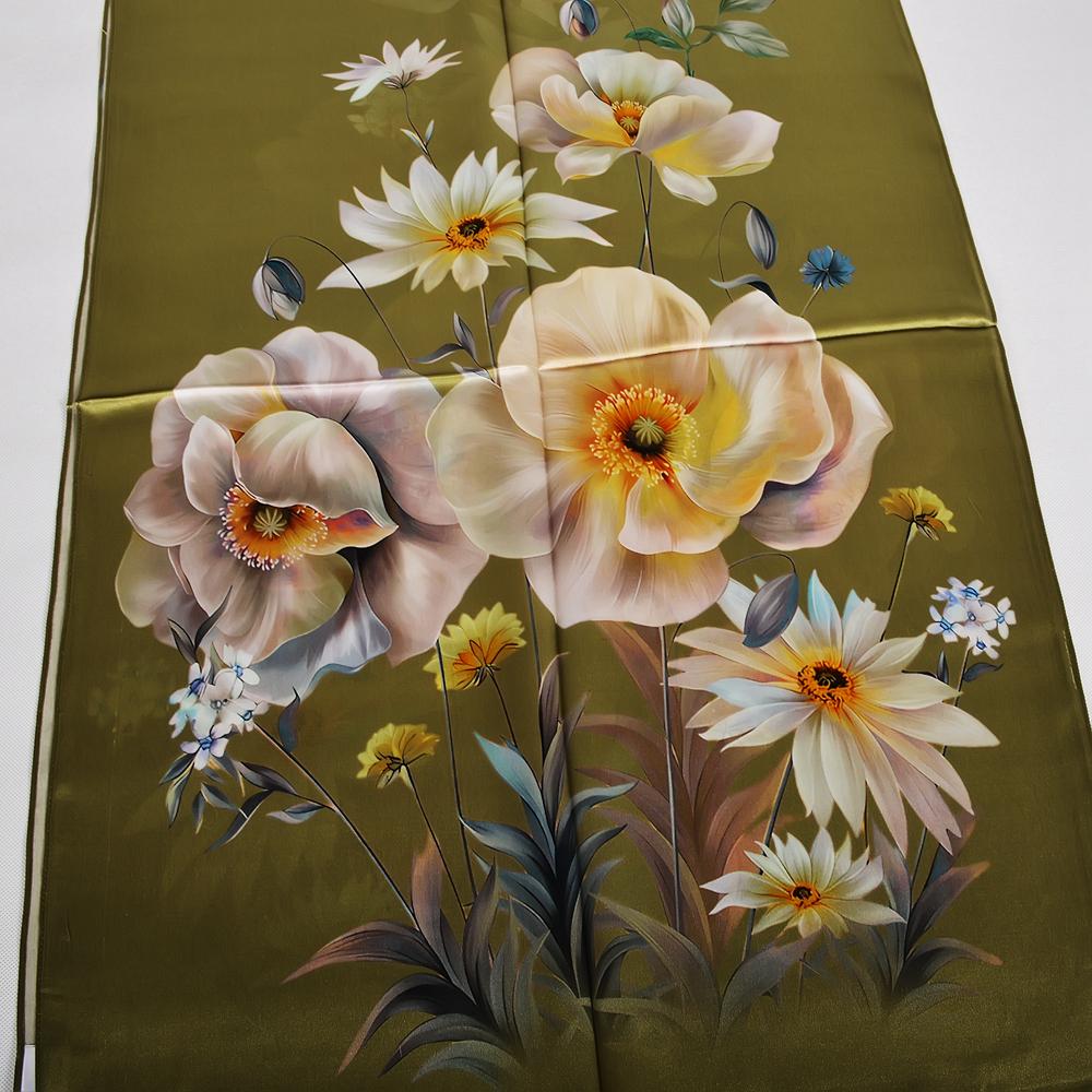 BYSIFA|Army Green Silk Scarf Hijab Winter Elegant Flower Long Scarves Shawls Spring Fall Fashion Brand Head Neck Scarves Wraps