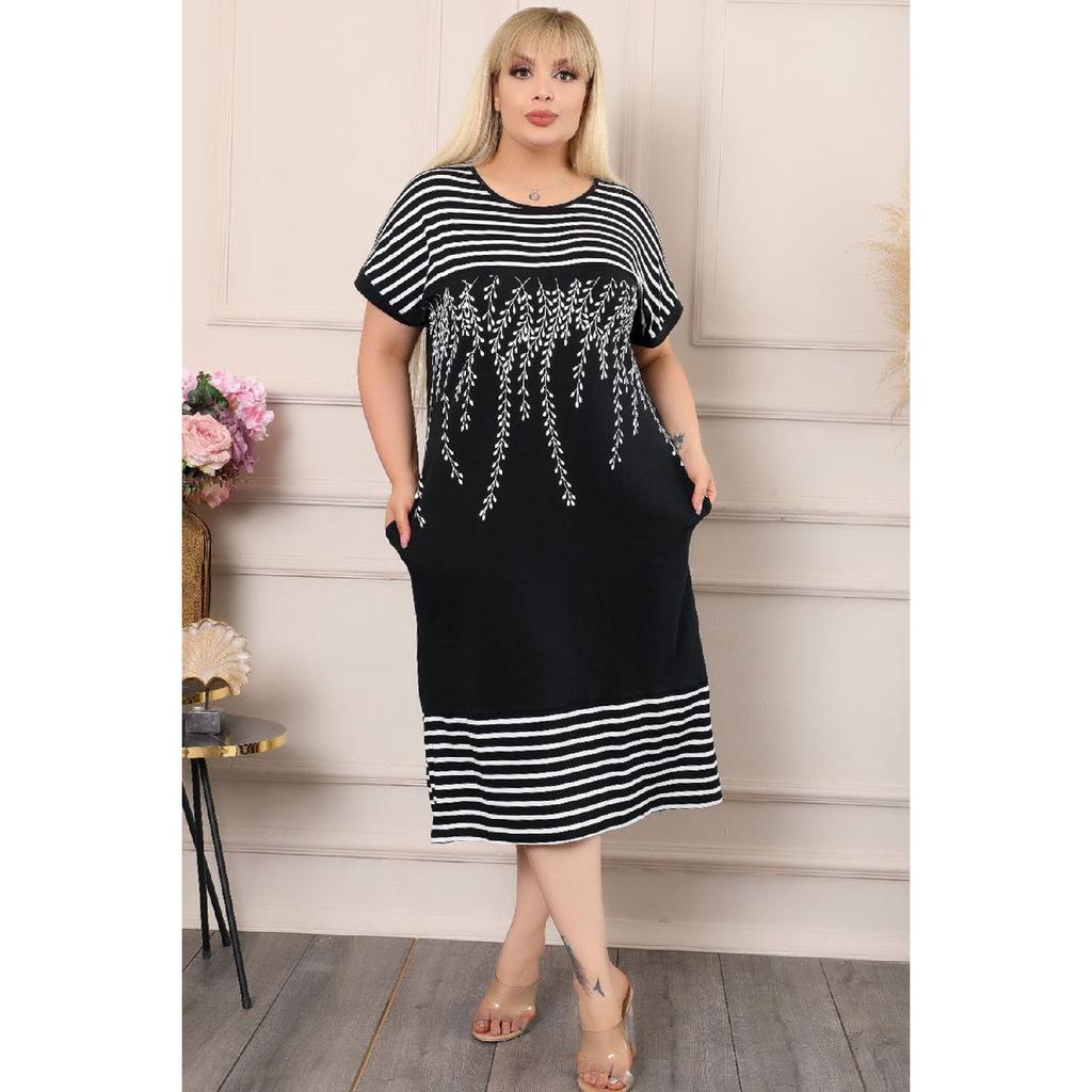 Olive Branched Striped Round Collar Block Short Sleeve Comfortable Dress