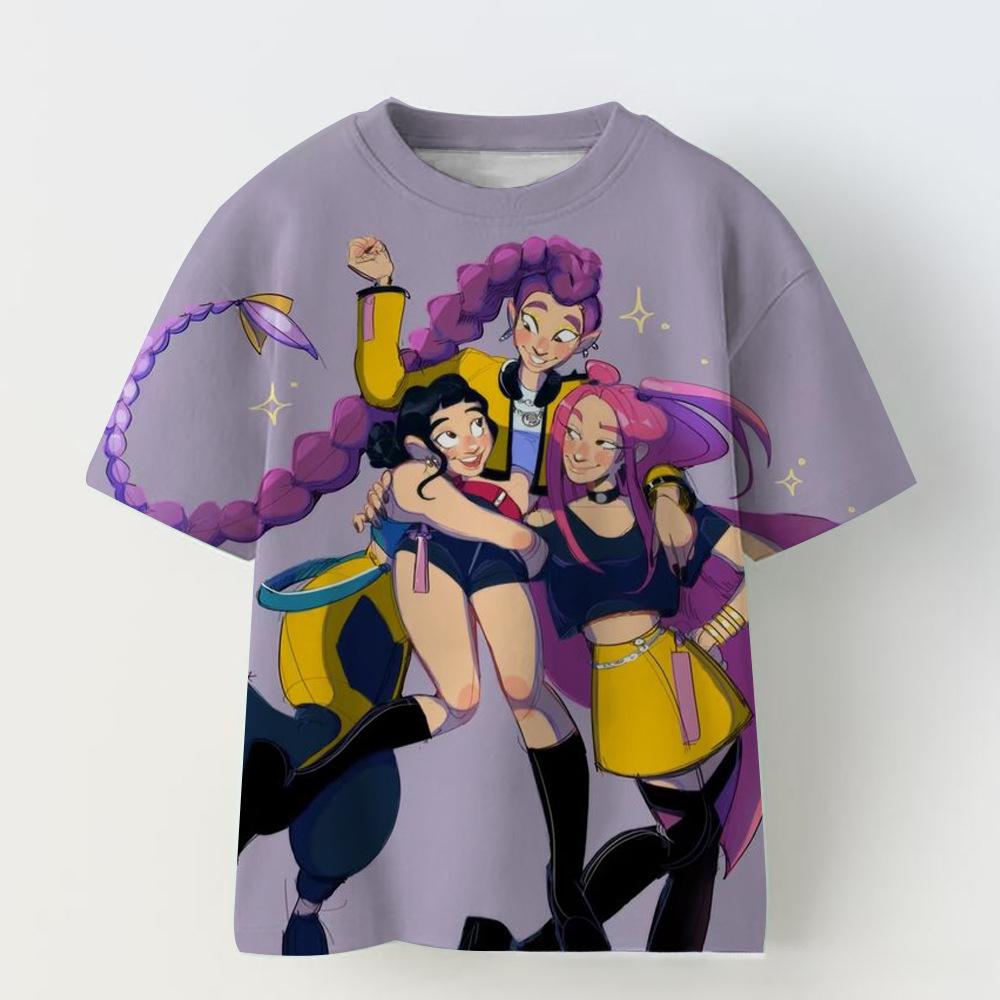 KPOP Demon Slayer Collaboration 3D Digital Print Summer Girls' Casual Fashion Round Neck Short Sleeve T-Shirt Parent-Child Outfit