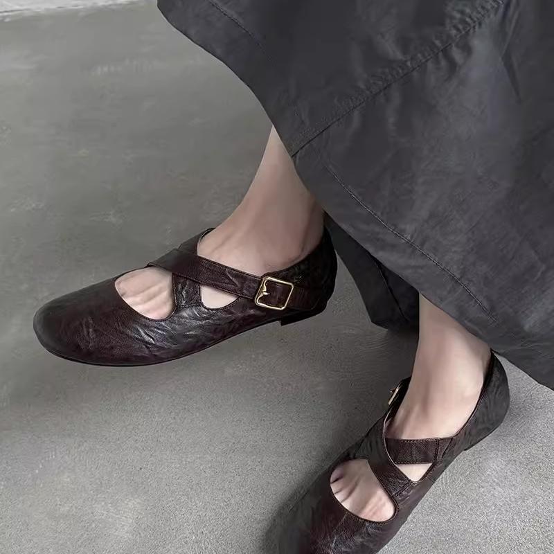 Nai Pie~ Retro soft leather cross-strap ballet single shoes flat commuting Mary Jane shoes women's early autumn small leather shoes