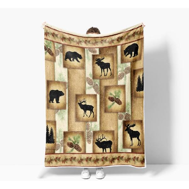 Bear Throw Blanket, Cabin Deer Art Forest Vintage Cozy Warm Super Soft Flannel Blankets for Couch Sofa Bed, Fleece Camping Blanket for Camper Outdoor