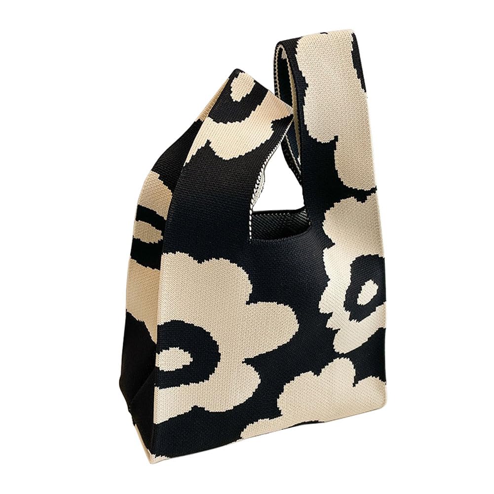 

Huimei Knit Tote Bag, Small, Floral Print, Cute, Women s Mini Bag, Handbag, Eco Bag, Soft, Foldable, Carry-on, Compact, Casual (Black)