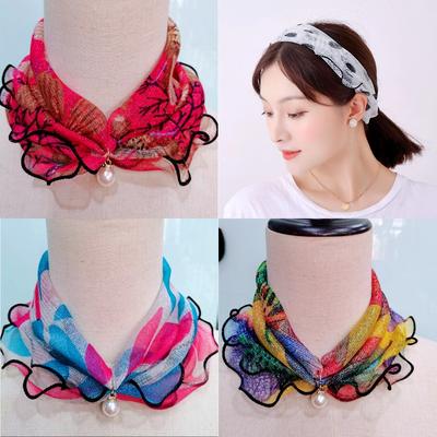 Accessorio per gioielli da donna Foulard Fascia per capelli con perle Collana con sciarpa in pizzo elasticizzato con filo dorato