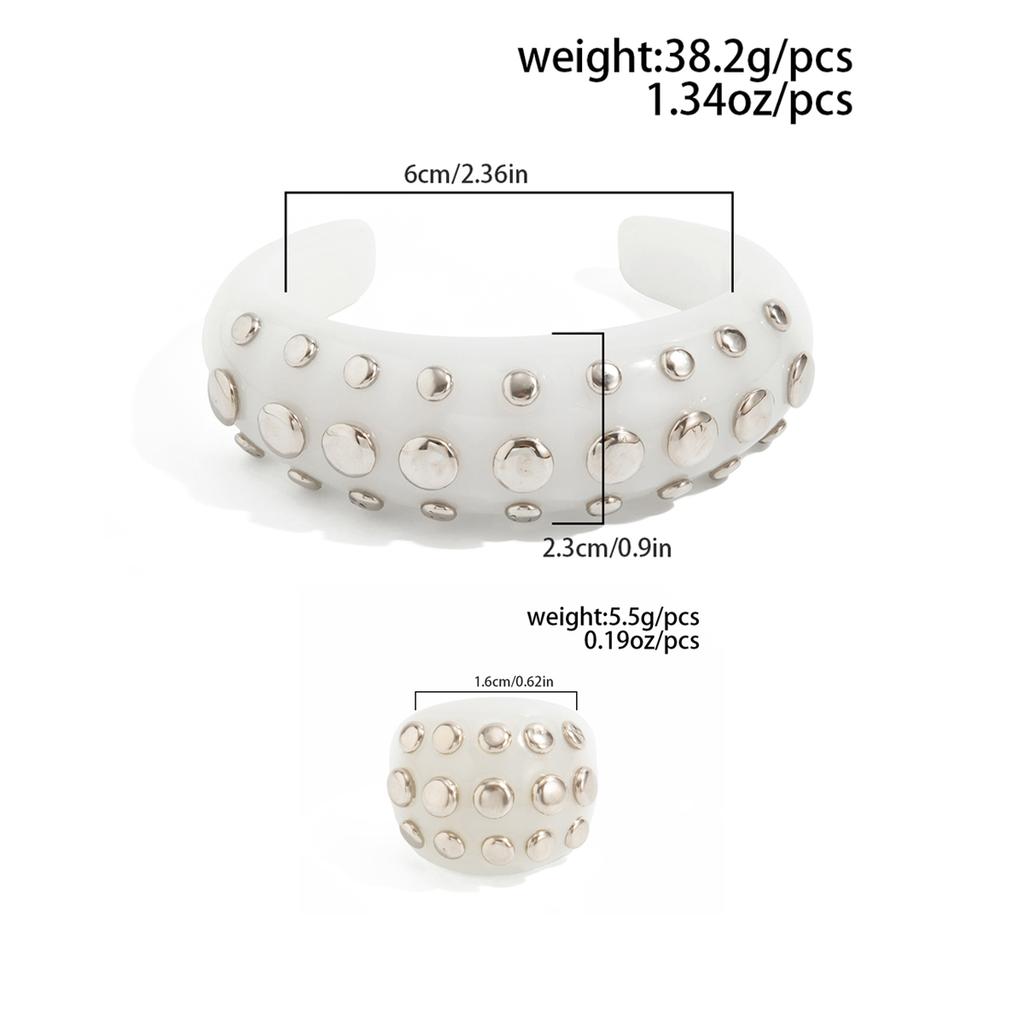 Salircon Punk Creative Rhinestone Rivet Chunky Bracelet Ring Set Women Vintage Stackable Wide Resin Bangles Grunge Jewelry Gift