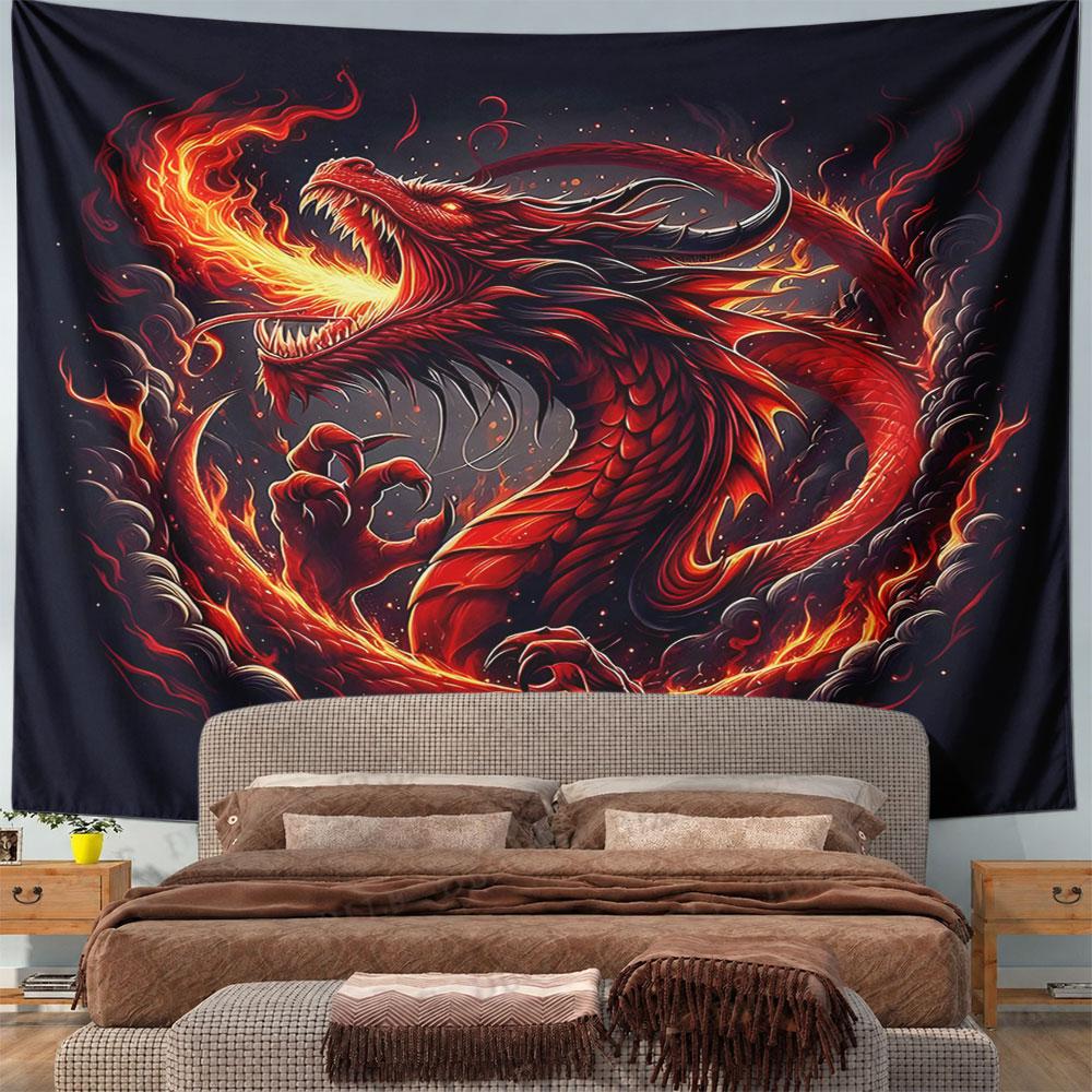 Fiery Red Dragon Breathing Flames Pattern Wall Hanging Tapestry Decorative Tapestry Home Decor for Bedroom and Living Room
