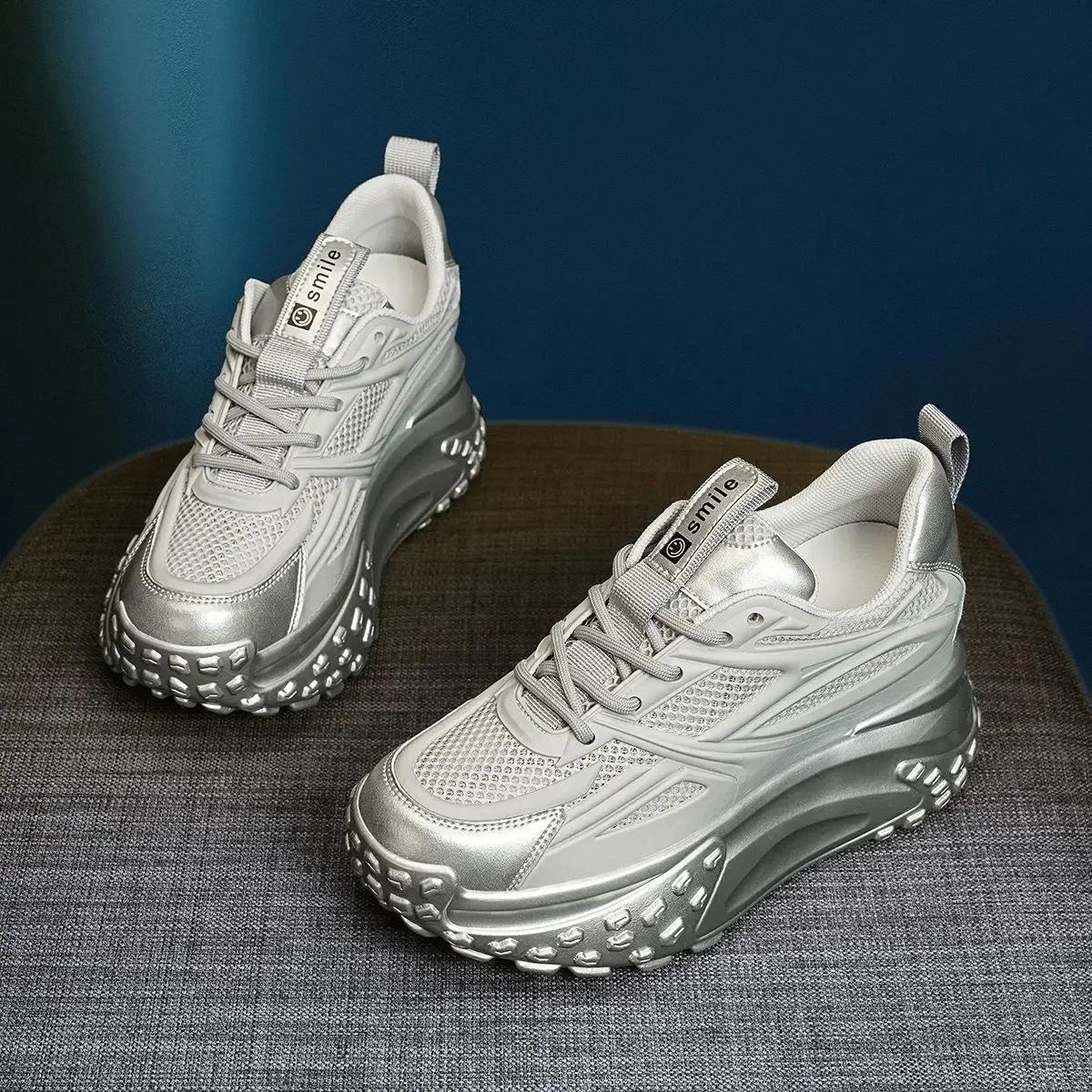 

Fashion Autumn Silver Platform Sneakers Thick Sole Breathable Height Increasing Shoes Women 8cm Lace Up Fashion 2024 Spring Casual Shoes 34 серебряный