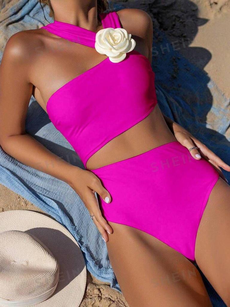 2025 Bestseller: Women's Asymmetric One-Piece Swimsuit with 3D White Floral Design