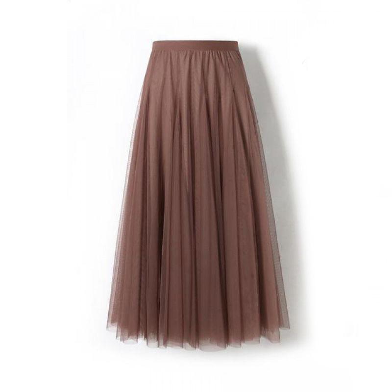 1PC Skirt Many Colors With Lining Solid Color Mesh Tulle Summer A-line Midi Skirt Women Spring High Waisted