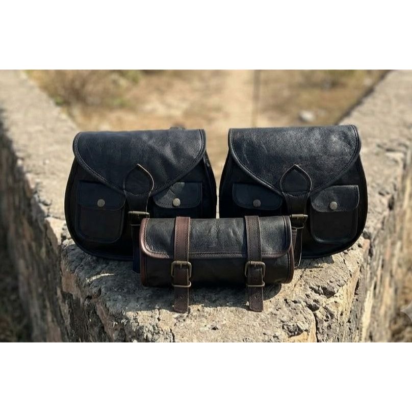 Black Leather Motorcycle Saddle Bag 3 Side Panniers Luggage Saddlebags Tool Bags