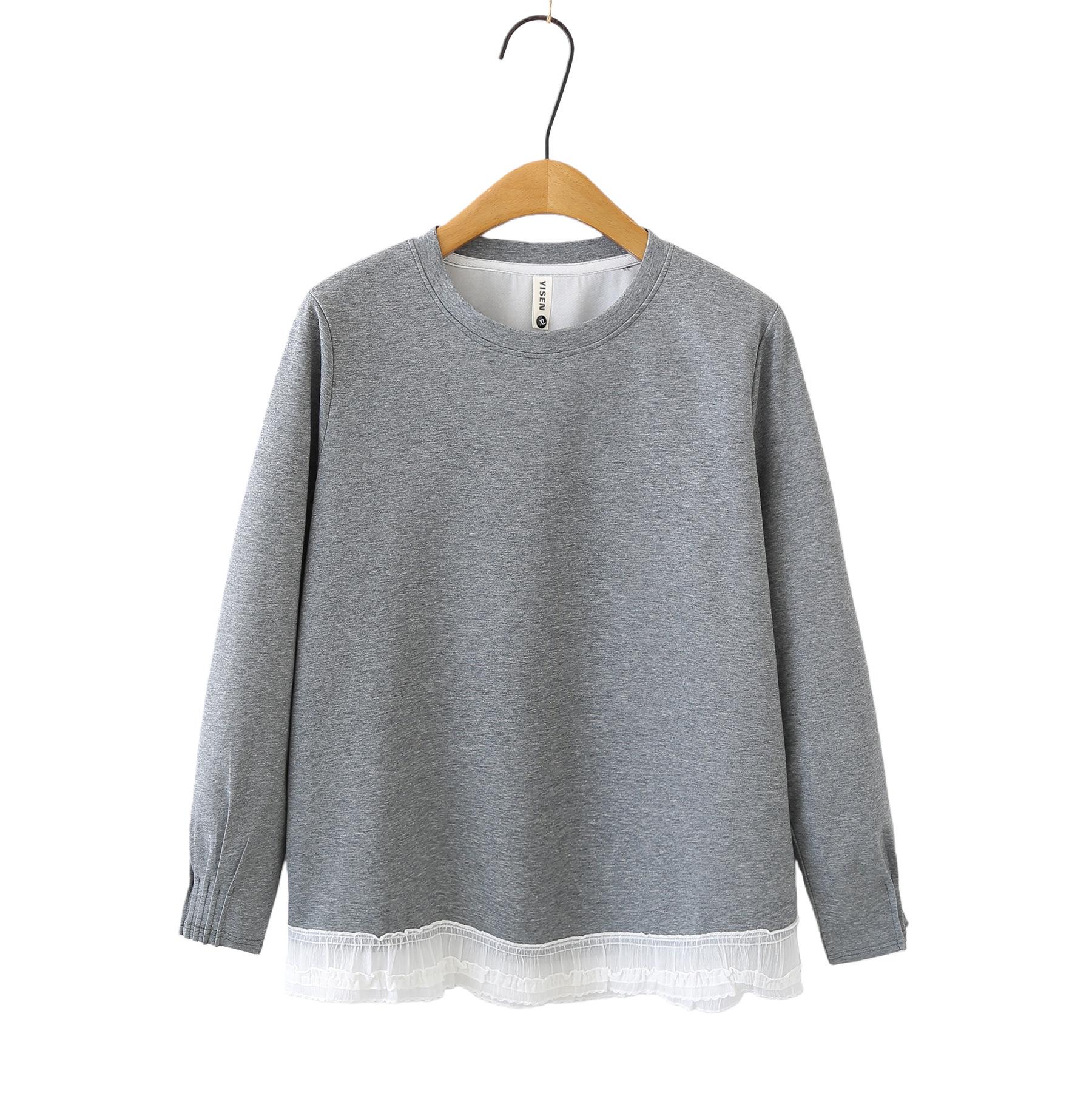 

Plus Size Lace Hem Sweatshirt: Pleated Long Sleeve Casual Top for Spring 2026 3XL серый
