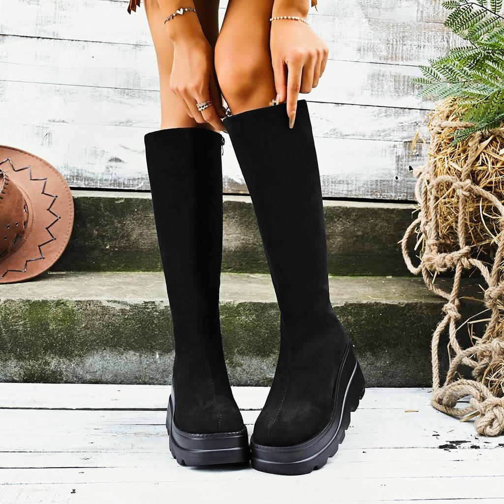 Fall 2025 Fleece Over The Knee Boots, Women's Platform Suede Stretch Boots, Women's Korean Casual Boots