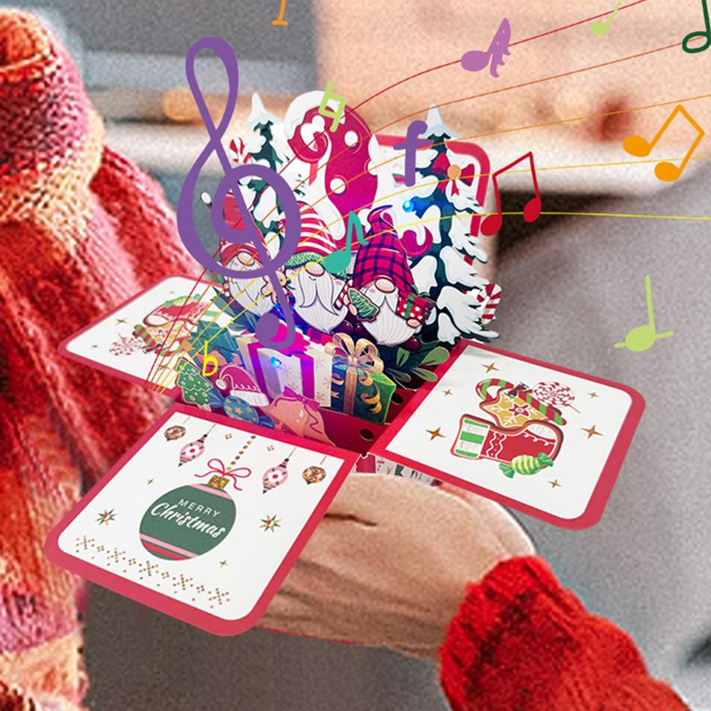 3D Christmas Cards Christmas Gnome Card With Light And Music Paper Merry Christmas Card For Kids Girls Women Men