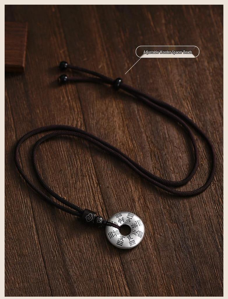 Sterling Silver Bagua Pendant Necklace with Woven Rope - Chinese Style Unisex Design