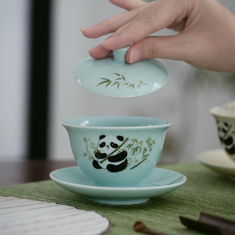 Chinese Style Panda Ceramic Cover Bowl Cup Kung Fu Tea Set Restaurant Home Brewing Tea Bowl Single High End Gift Giving Ceramic Tea Set