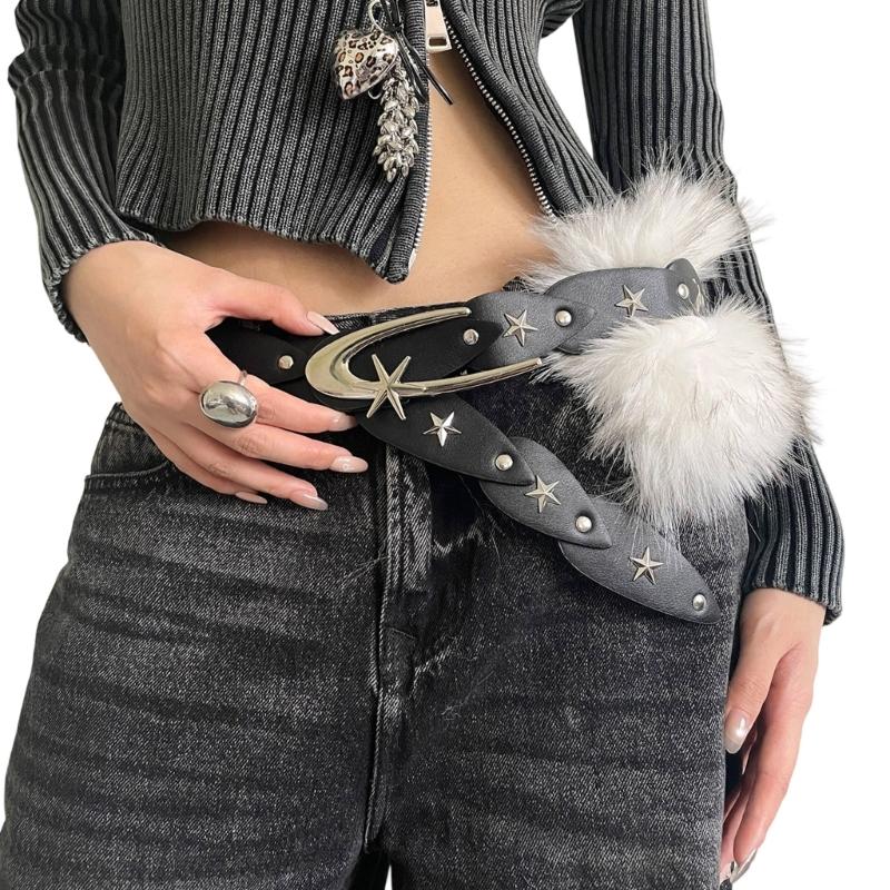 

Plush Leather Waist Cincher Fashionable Retros Waistband Hiphop Jeans Belt for Casual Outings Parties чорний