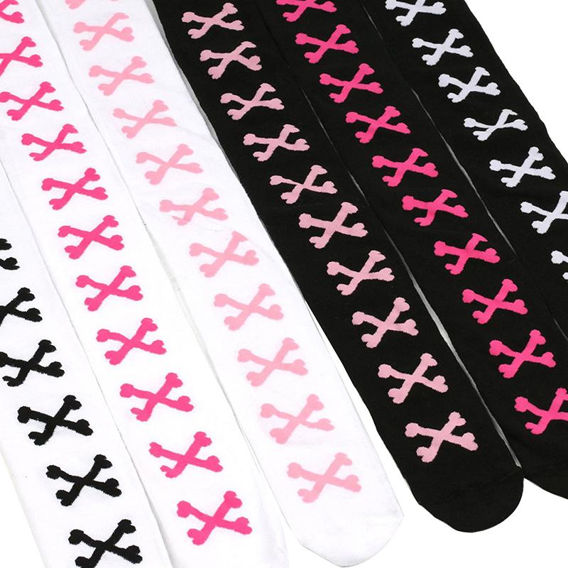 1 Paar Mädchen Schwarz Süß Niedlich Rosa Y2K Harajuku Lolita Oberschenkelhohe Strümpfe Mädchen Knochen Schleife Socken Streetwear