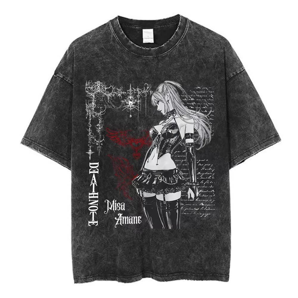 2026 Hot Sale Vintage Washed Anime Death Note Misa Amane Print T Shirts Men Women Clothing Cotton Casual T-shirt Fashion Short Sleeve Loose Tee Top S