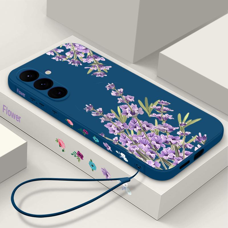 Floral Print Soft Matte Case Cover For Samsung S25 Ultra S24 FE S23 A56 A36 A16 A55 Lens Protection TPU Lanyard Shockproof Silicone Slim Phone Shell