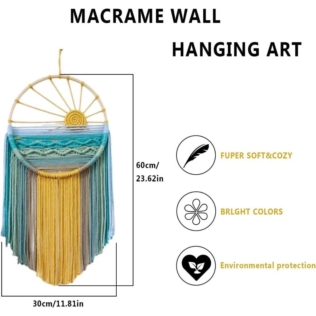 Arazzo da Parete Macramè Boho Sole Decorazione Murale, Acchiappasogni Colorati Intrecciati per Soggiorno Casa Stanza 60 cm L x 30 cm L