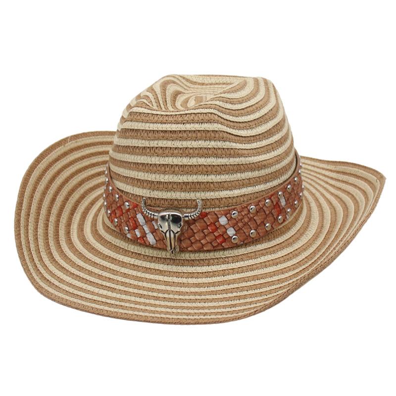 

Foreign Trade Western Cowboy Hat Men S And Women S Top Hats Outdoor Beach Vacation Windproof Rope Sun Protection Sun Hat Handmade Straw Hat one-size-fits-all straw hat [one-line stripes]