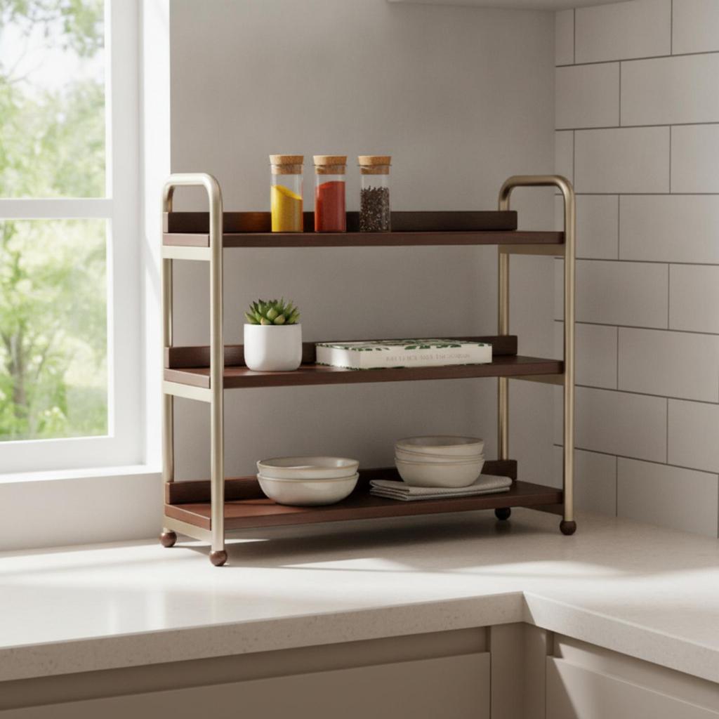 Three-Tier Storage Shelf Freestanding Desktop Organizer with Metal Frame
