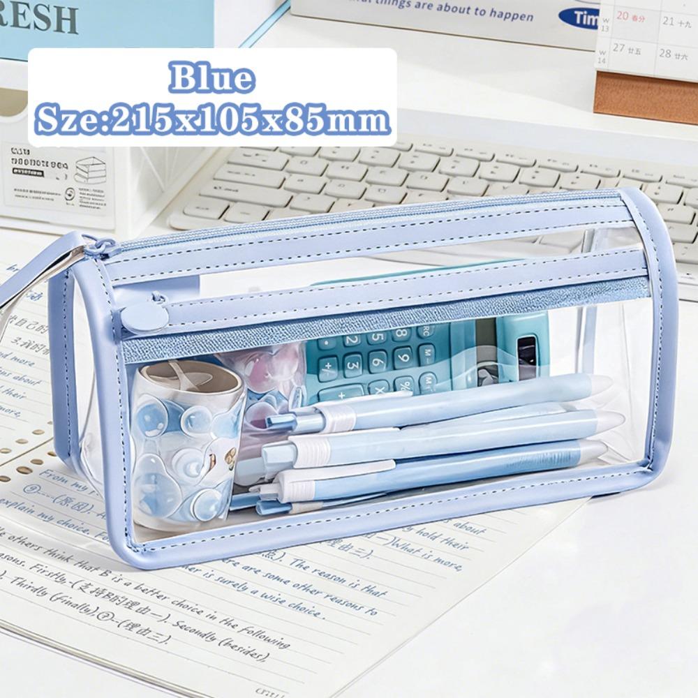 Double Layer Pencil Case Transparent Stationery Bag High Quality Stationery Pouch  Students синий