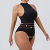 Round-neck, sleeveless, outerwear-friendly, button-down, form-fitting bodysuit with a tummy-tucking design and a thong-style shapewear