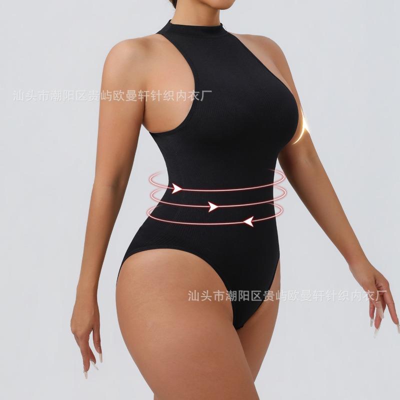 Round-neck, sleeveless, outerwear-friendly, button-down, form-fitting bodysuit with a tummy-tucking design and a thong-style shapewear