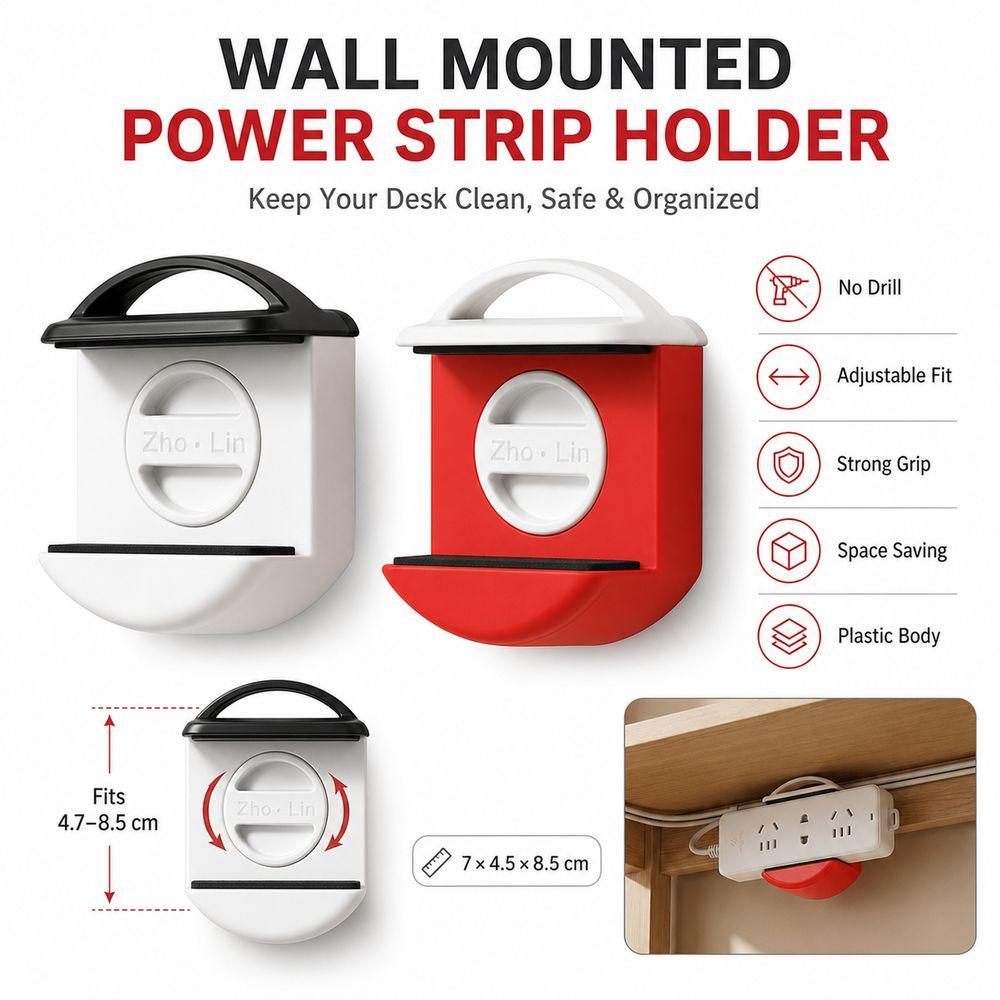 Plastic Power Strip Holder Suction Cup Adjustable Outlet Organizer Wall Mounted No Drill Installation Power Strip Organizer