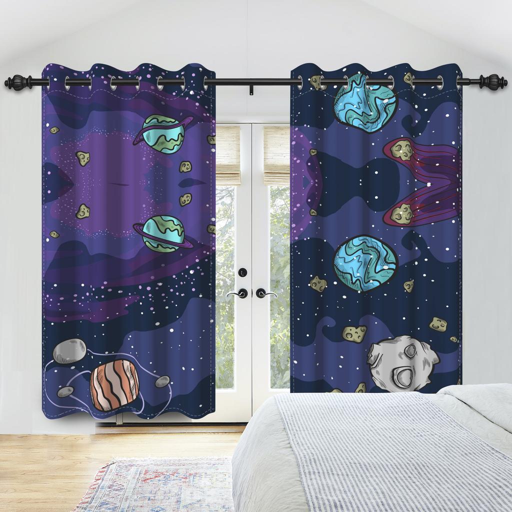 2Pcs Cosmic Galaxy Planets Curtains Galaxy Whale Children Room Bedroom Window Decorations Room Blackout Thermal Insulated Drapes