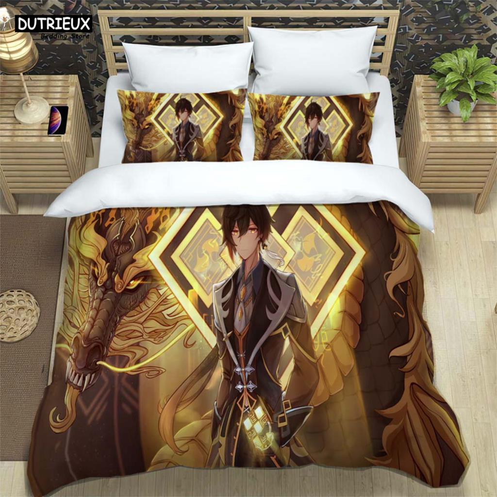 Genshin Impact Bedrucktes Polyester Bettwäscheset Für Jungen Und Mädchen Dreiteilig Bequem Weich Paar Geschenk Bettwäschesets