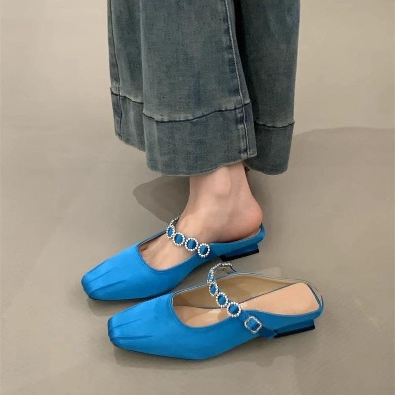 

With skirt thick heel rhinestone bag head half slippers women wear spring and summer with skirt medium heel cool slippers 35
