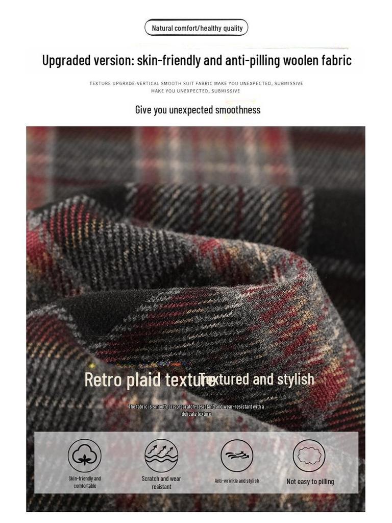 Women's Retro High-Waist Wool Plaid Pants - Contrast Color, Wide-Leg, Floor-Length, Velvet-Lined for Autumn/Winter 2024