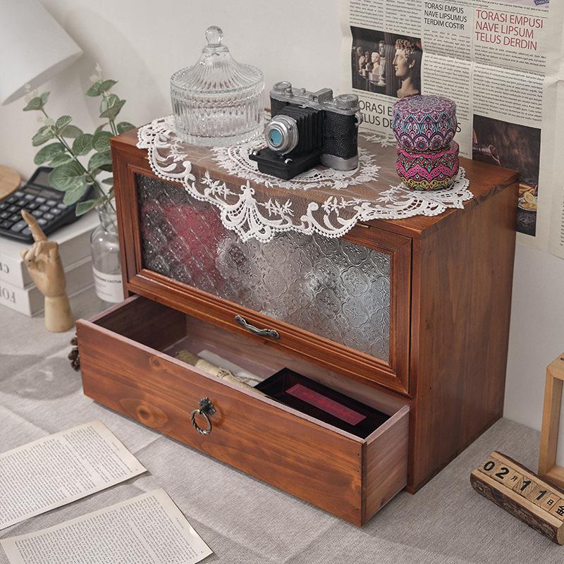 Retro Flip-Top Desktop Storage Box with Drawer and Cup Holder