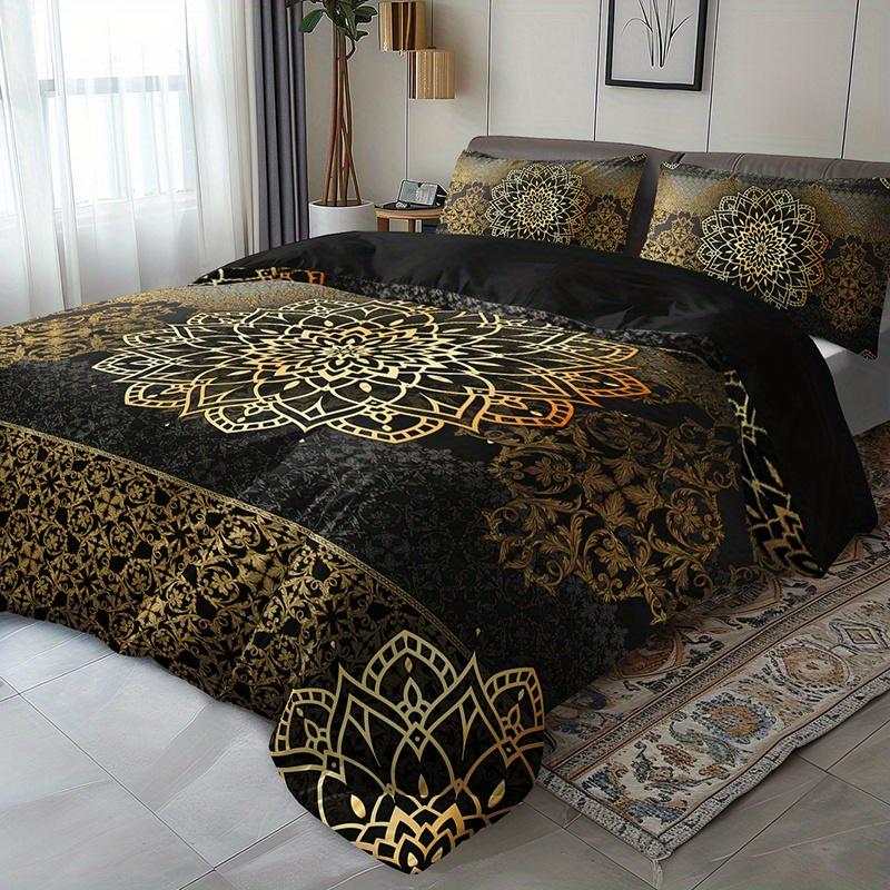 3Pcs Mandala Luxury Golden Black Bedding Duvet Cover Set Bohemian Bedding Quilt Set Mandala Themed Bed Quilt Set Black Golden
