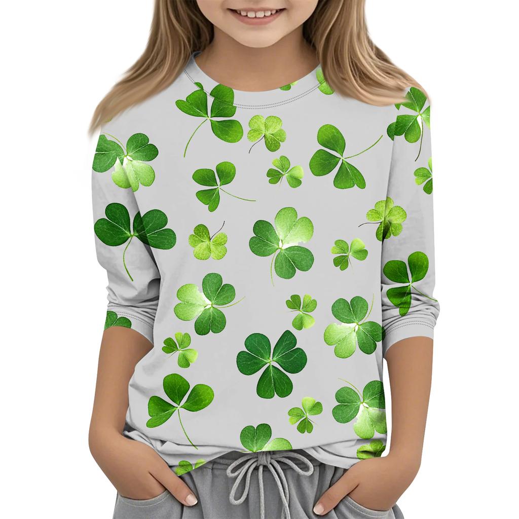 St. Patrick's Day Print Tops For Youth Girls 4-11 Years Round Neck 3/4 Sleeves T-Shirts Trendy Tops Outfit Tees