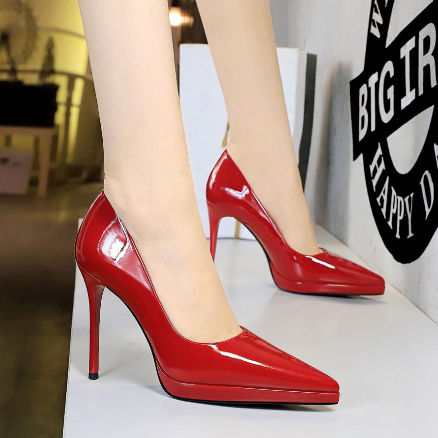Fashion Banquet Women's Shoes with Fine Heels, Patent Leather, Shallow Mouth, Pointed Toe, Super High Heels, Waterproof Platform Shoes