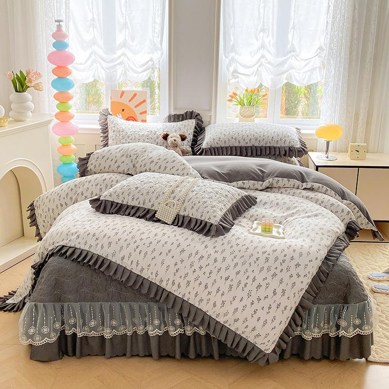 Pure Cotton Double-layer Yarn Quilt Cover Bed Skirt Lace Single-piece Three-piece Four-piece Set Four-season Universal Bed Sheet Quilt Cover