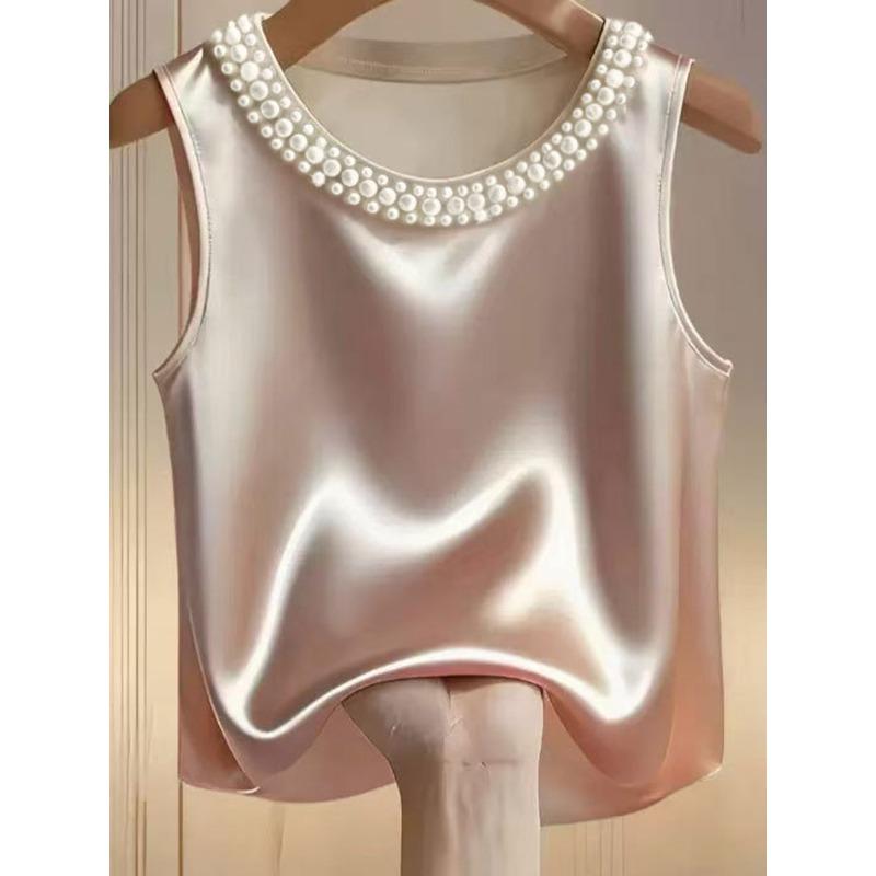 

women s Elegant Satin Beaded Crew Neck Sleeveless Tank Top Casual Camisole Blouse 2XL