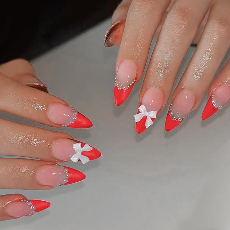 

Red French Bow Nail Art Press-on Wearable False Nails