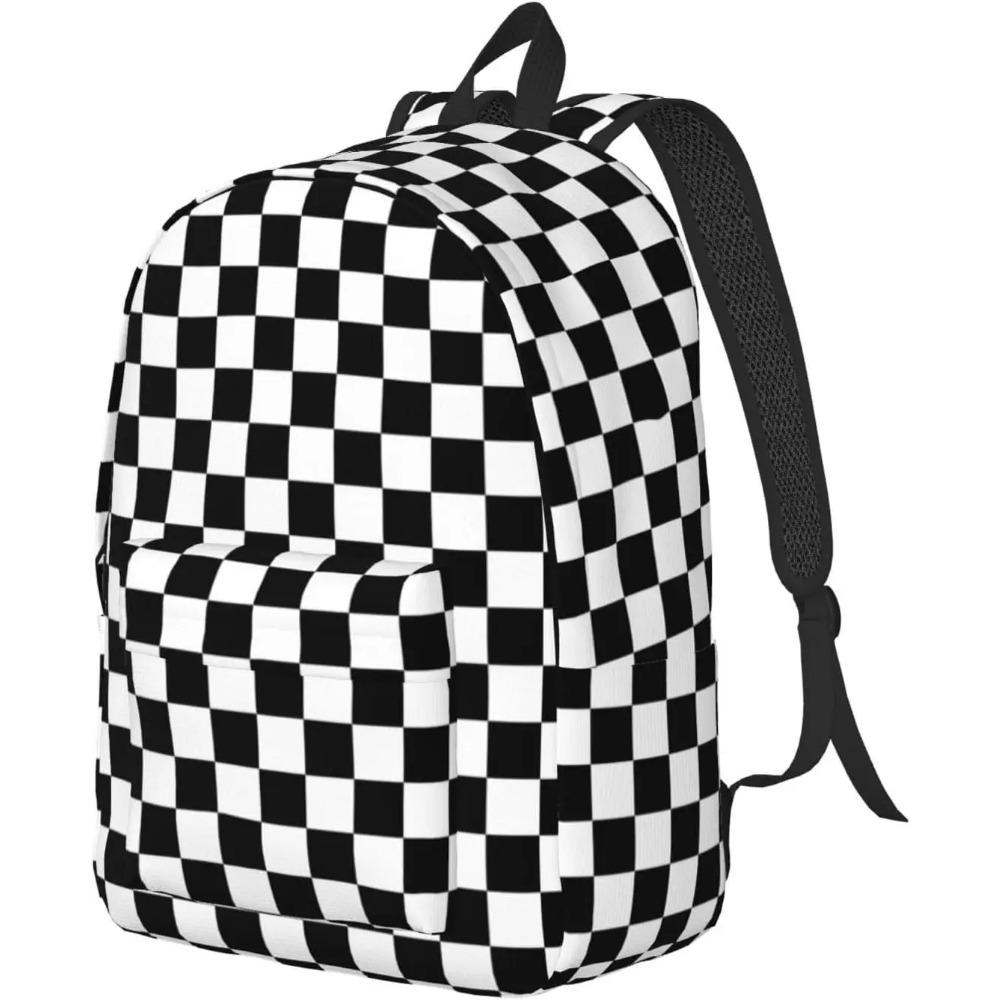 Einfacher Schwarz-Weiß karierter Rucksack Leichte Leinwand-Schultasche für Mädchen Jungen