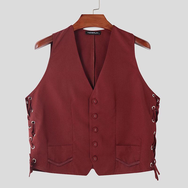 

INCERUN Men V Neck Sleeveless Button Lace Up Hem Casual Thin Vest Waistcoat 5XL вино красного