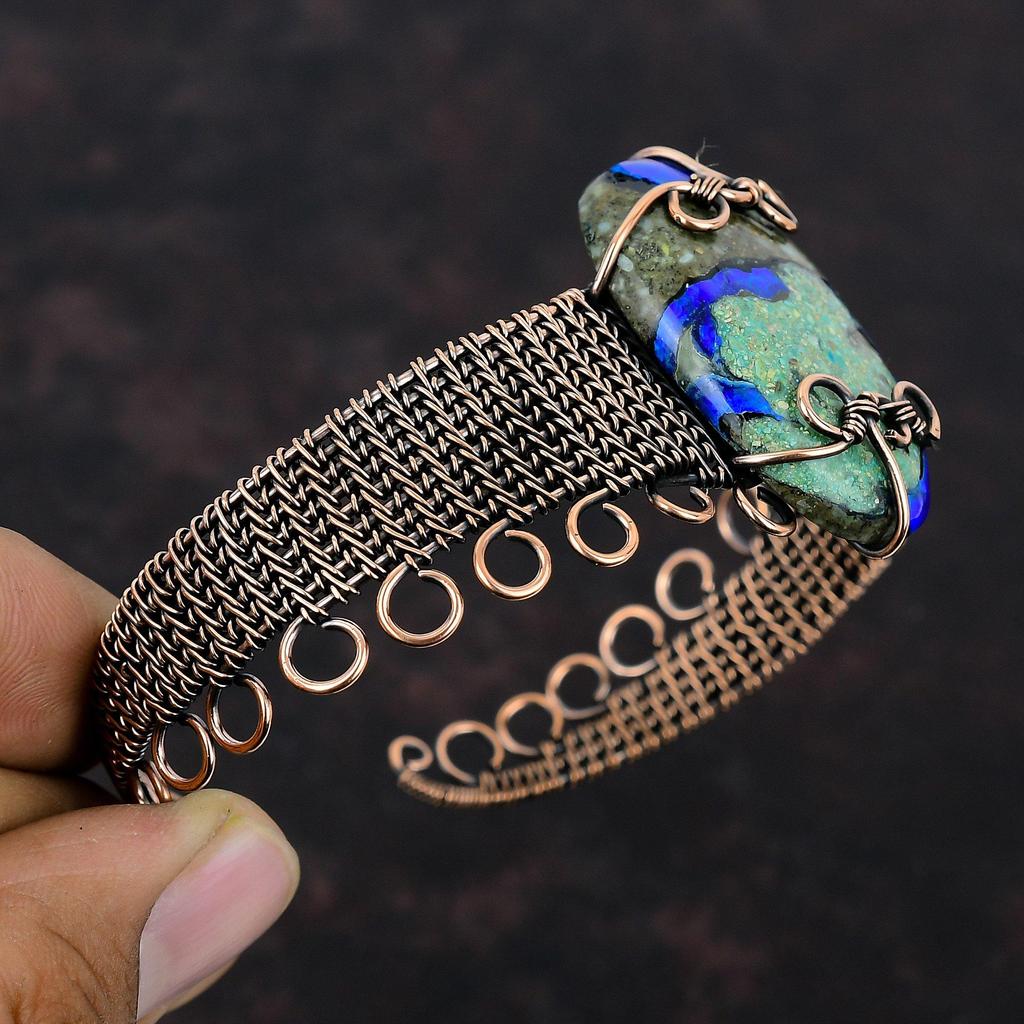 Azurite Malachite Gemstone Cuff Bracelet Copper Wire Wrapped Bangle Handmade Adjustable Cuff Bracelet Gift For Mom Copper Wire Wrap Jewelry