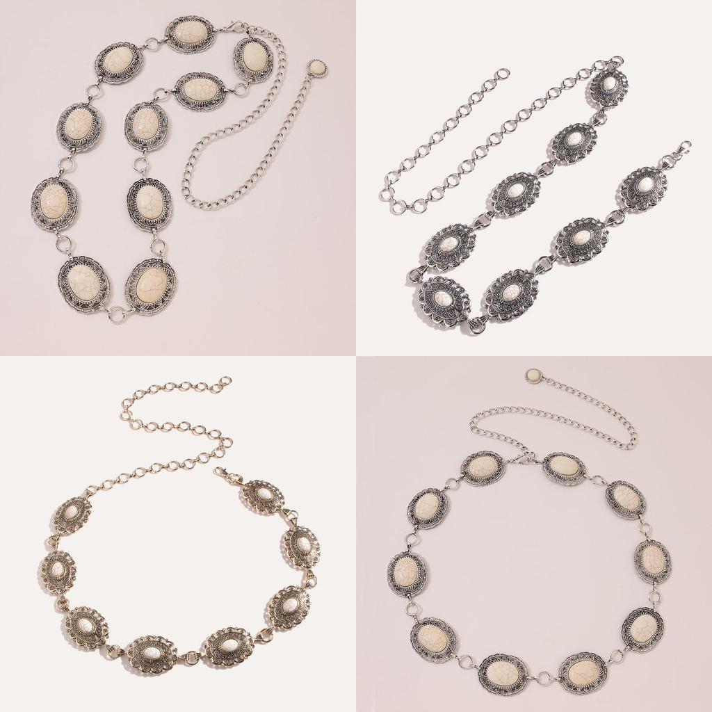 Artistic Metal Womens Waist Chain With Carved Simulated White Turquoise And Vintage Motifs For Fashion Enthusiasts