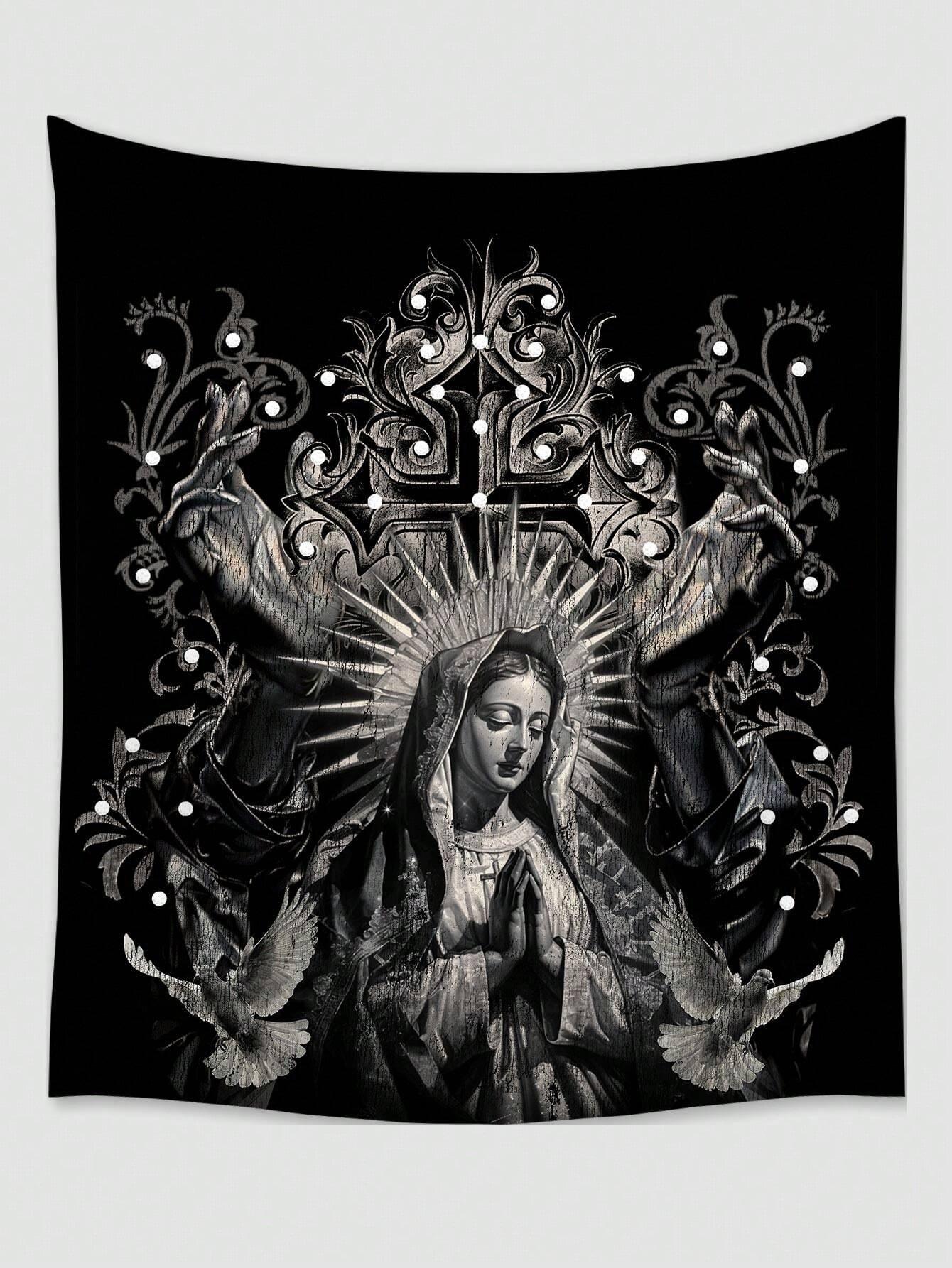 

1 Virgin Mary Gothic Tapestry Single Sided 2D Print Sacred Wall Hanging Home Prayer Room Living Room Bedroom Serene Vibe Decor 74x94cm(29x37in)