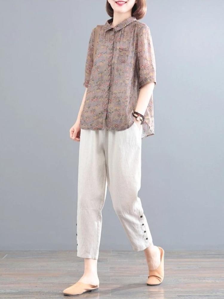 Summer Faion Cotton Linen Set for Mom Mid-aged And Ly Women Printed Harlan Pants Two-piece Set Korean Sle Loose
